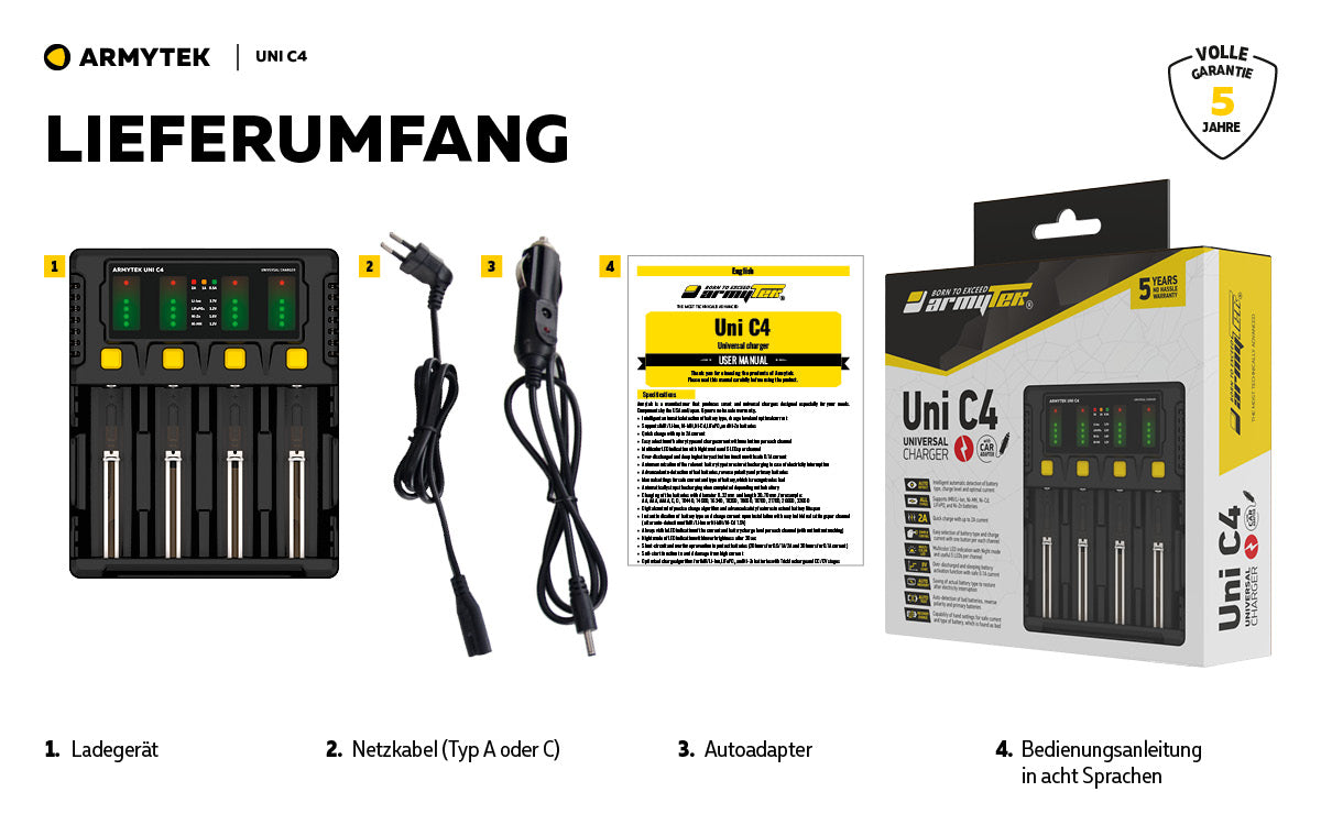 Armytek | Ladegerät | Uni C4 Plug type C + Fahrzeugadapter