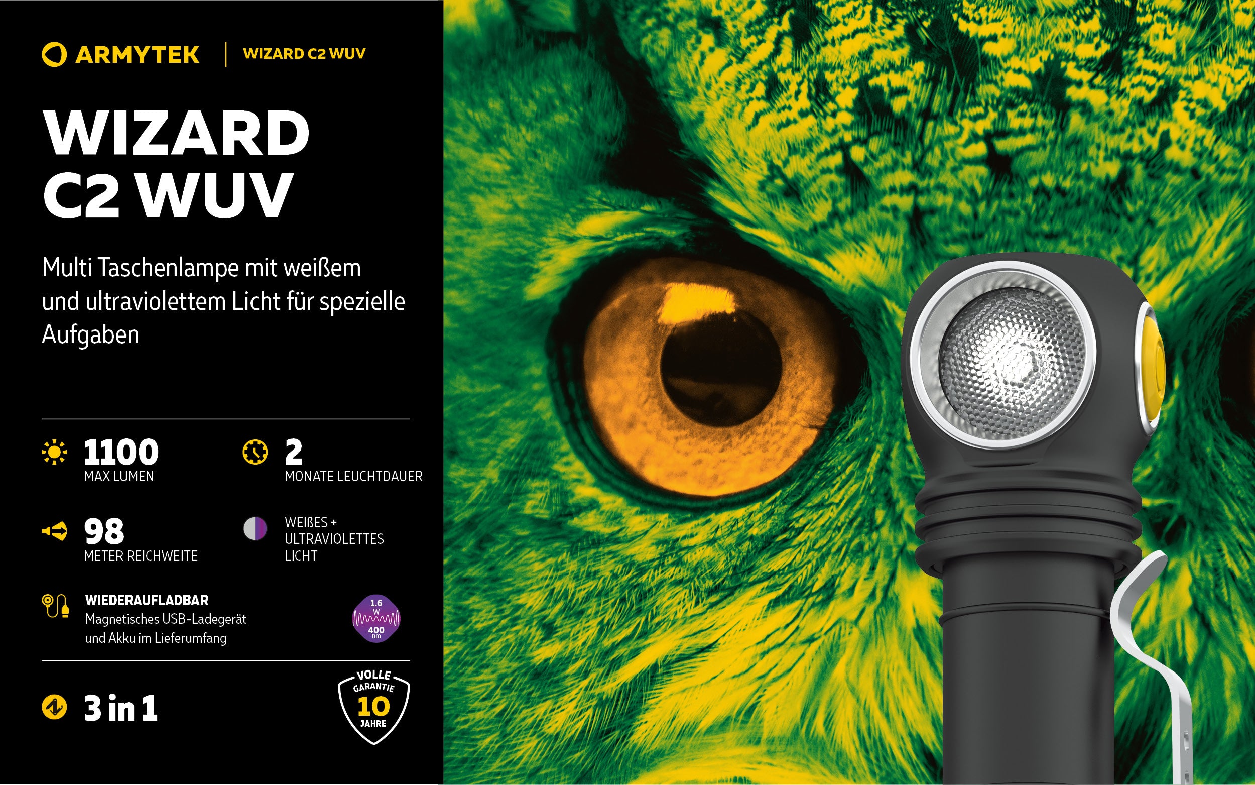 Armytek |  UV Stirnlampe | Taschenlampe Armytek Wizard C2 WUV –  für Jagd / Outdoor / Camping