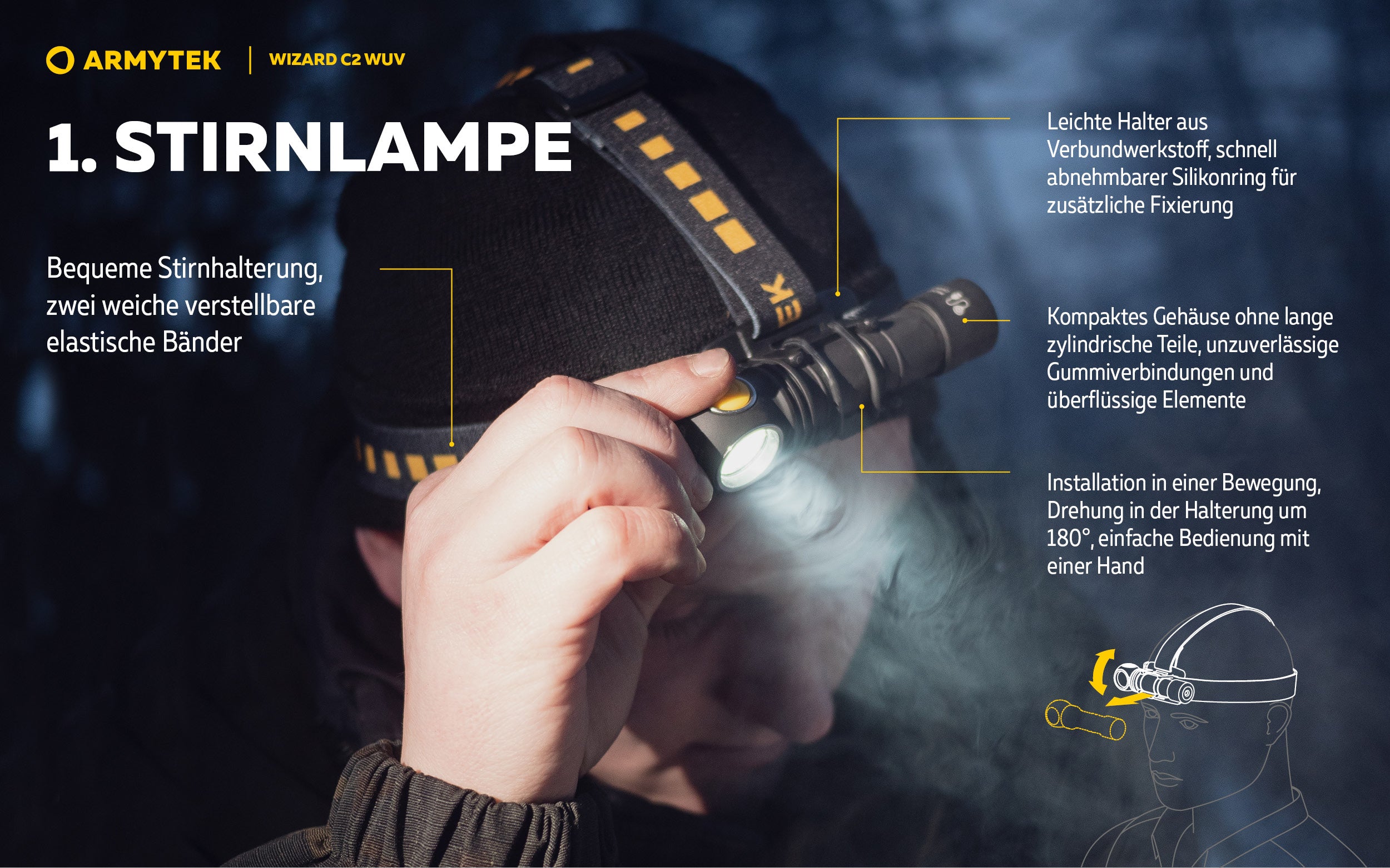Armytek |  UV Stirnlampe | Taschenlampe Armytek Wizard C2 WUV –  für Jagd / Outdoor / Camping