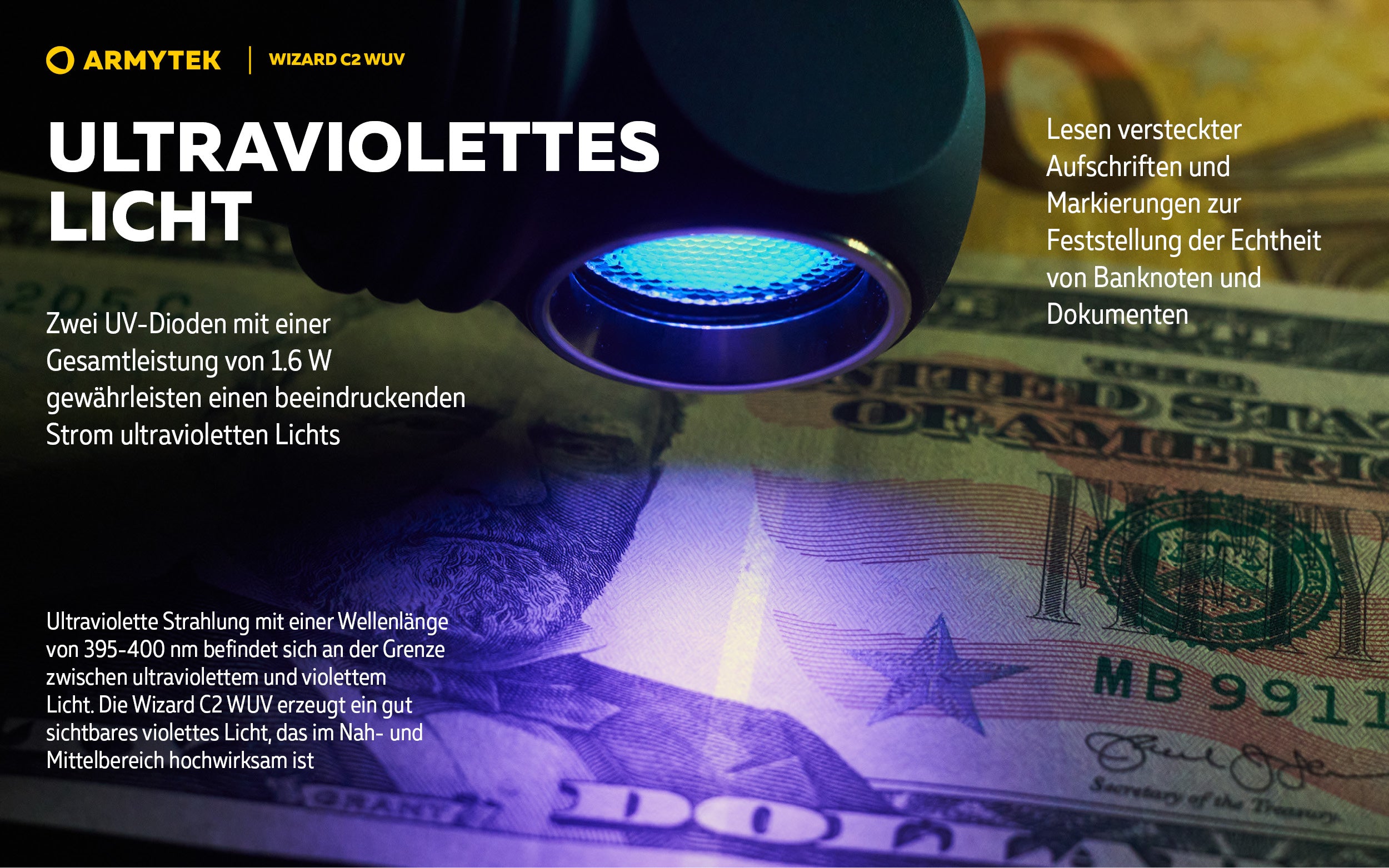Armytek |  UV Stirnlampe | Taschenlampe Armytek Wizard C2 WUV –  für Jagd / Outdoor / Camping