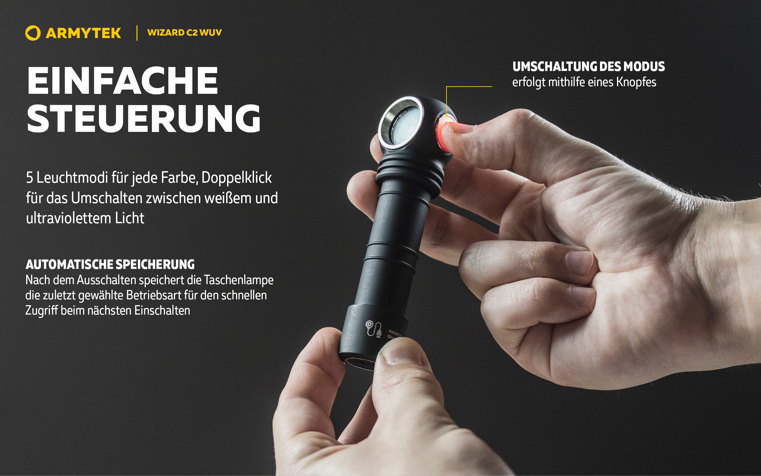 Armytek |  UV Stirnlampe | Taschenlampe Armytek Wizard C2 WUV –  für Jagd / Outdoor / Camping